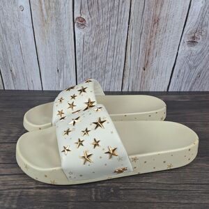 Tory Burch Nappa Leather Embellished Gold Star Slides Women's Sz 7 M Cream Gold